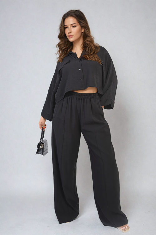 Co-ord Set in Sky Blue with Cropped Shirt and Wide-Leg Trousers