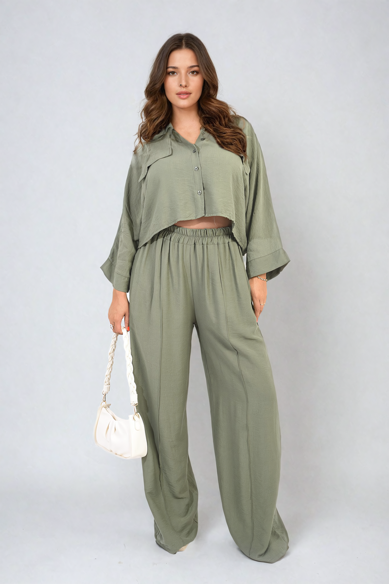 Co-ord Set in Sky Blue with Cropped Shirt and Wide-Leg Trousers