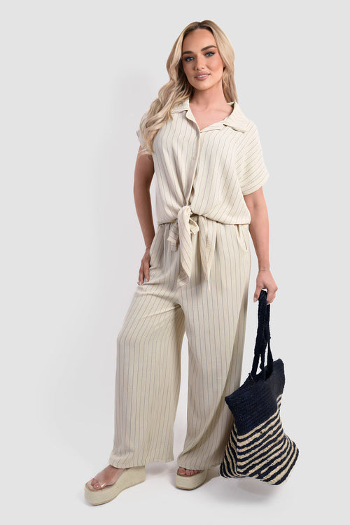 Light beige striped co-ord set: tied short-sleeve top and wide-leg trousers