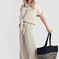 Striped co-ord set in light beige: short-sleeve tied waist top with wide-leg trousers