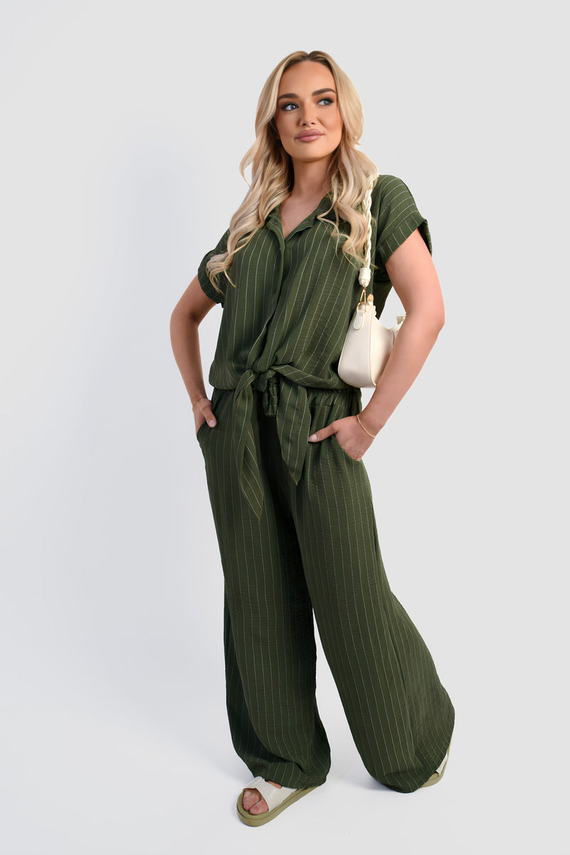 Olive green pinstripe tie-front shirt and wide-leg trousers, front full view