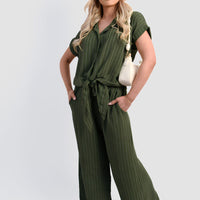 Olive green pinstripe tie-front shirt and wide-leg trousers, front full view
