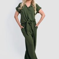 Striped tie-front shirt and wide-leg trousers set, dark green pinstripe