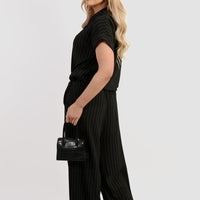 Striped co-ord set in black: short-sleeve tie-front top with wide-leg trousers