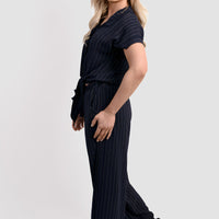 Navy pinstripe tie-front co-ord set with wide-leg trousers and side drape