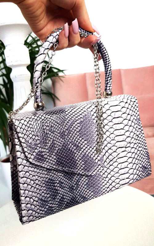 Faux Leather Handbag in Lilac with Top Handle and Chain Strap