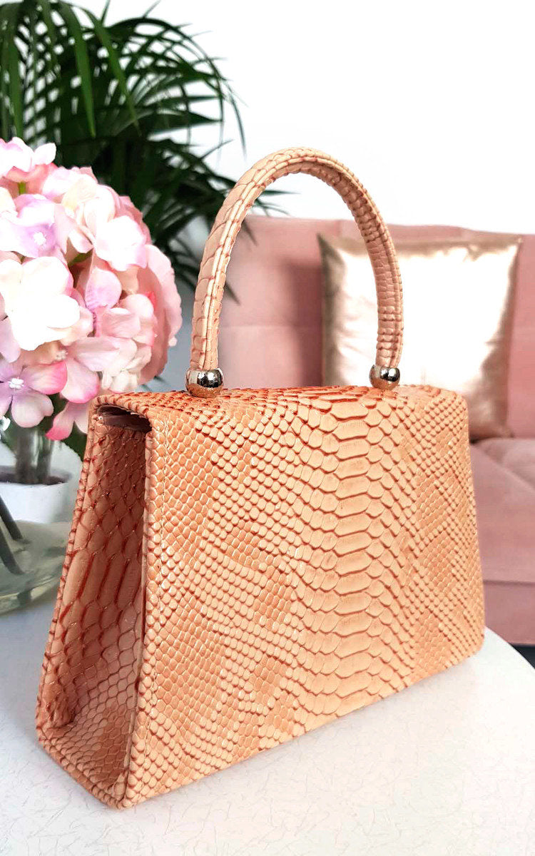 Faux Leather Handbag in Lilac with Top Handle and Chain Strap
