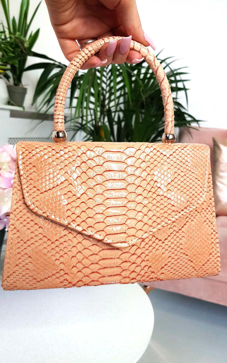 Faux Leather Handbag in Lilac with Top Handle and Chain Strap