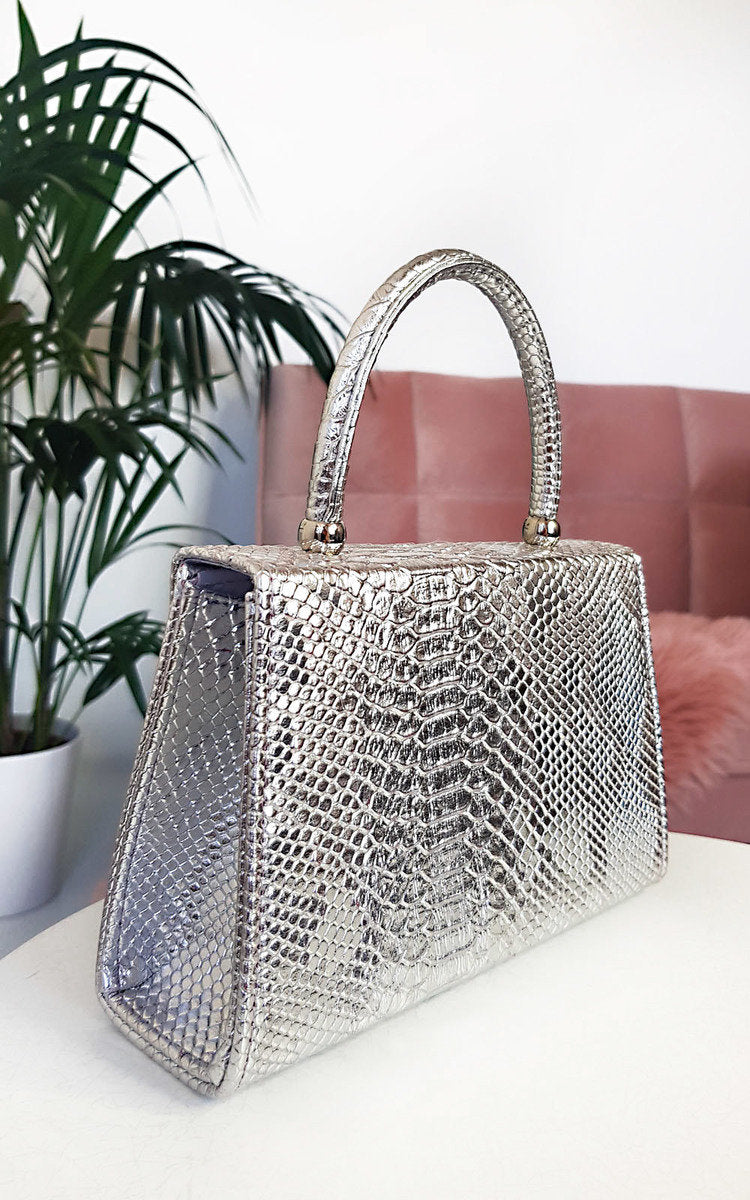 Faux Leather Handbag in Lilac with Top Handle and Chain Strap