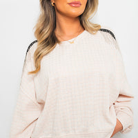 Knitted Jumper in Khaki with Check Pattern and Shoulder Tassels