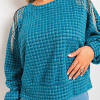 Knitted Jumper in Khaki with Check Pattern and Shoulder Tassels
