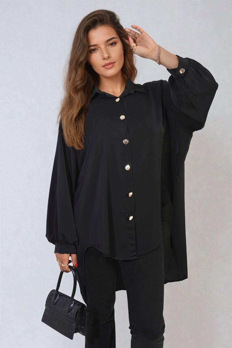 Black oversized collared button-down top, gold-tone buttons, long puff sleeves
