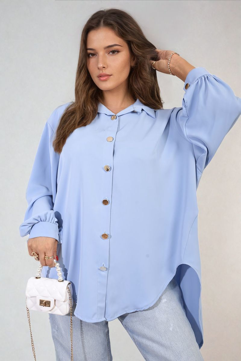Light blue oversized collared button-down top with long sleeves and button front