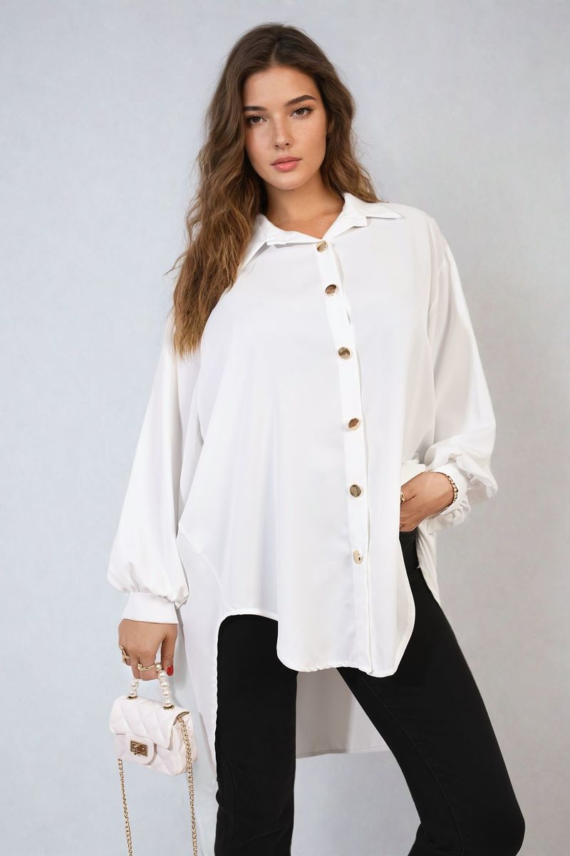 Oversized collared button-down shirt in white, long sleeves with button placket detail