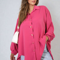 Fuchsia oversized collared button-down top, long sleeves, front button placket