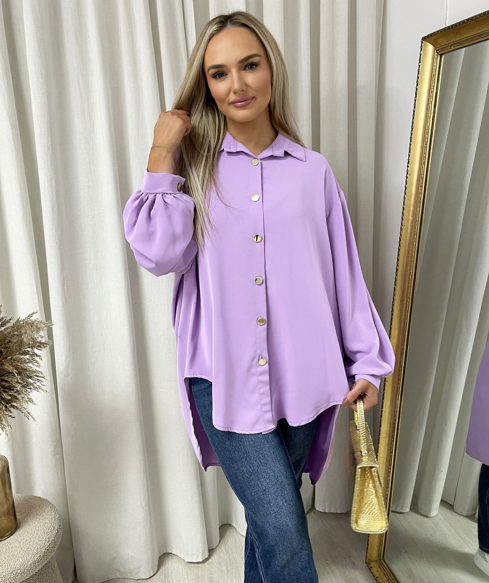 Oversized collared button-down shirt in lilac with long puff sleeves and button front