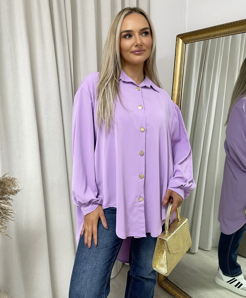 Oversized collared button-down top in lavender, long sleeves with gold buttons and relaxed fit.