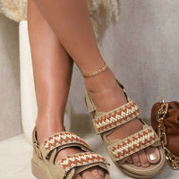 Khaki platform sandals with double crochet strap bands and two-buckle closure