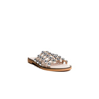 Nude flat slide sandals with silver studded lattice straps and open toe