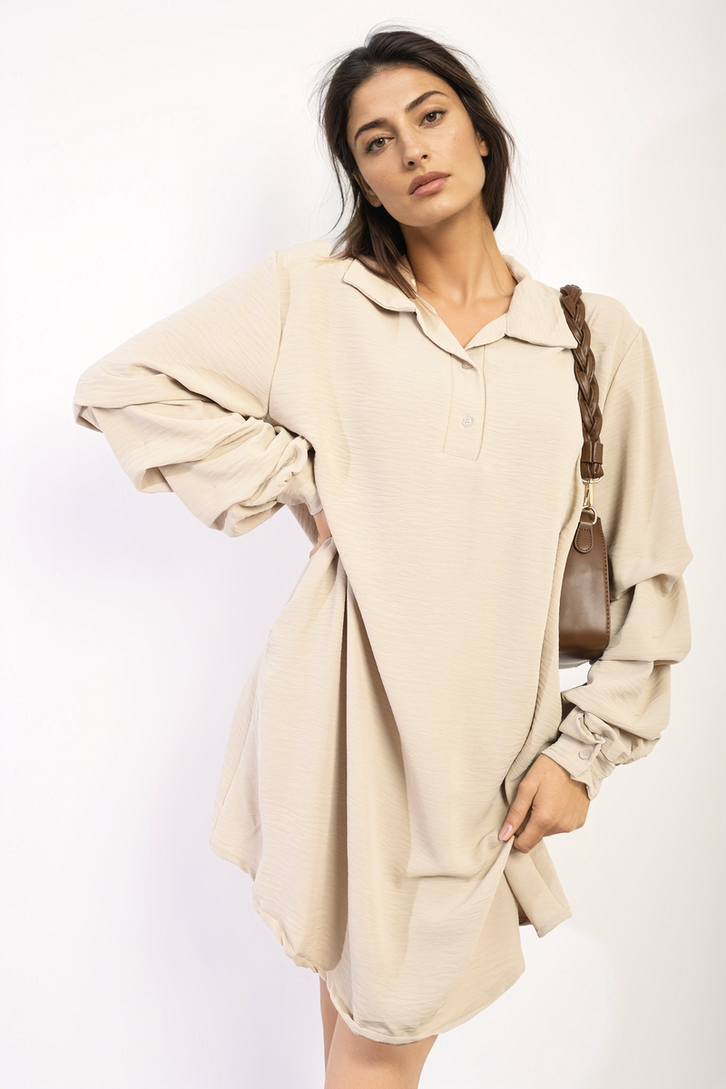 Shirt Dress in Green with Gathered Long Sleeves
