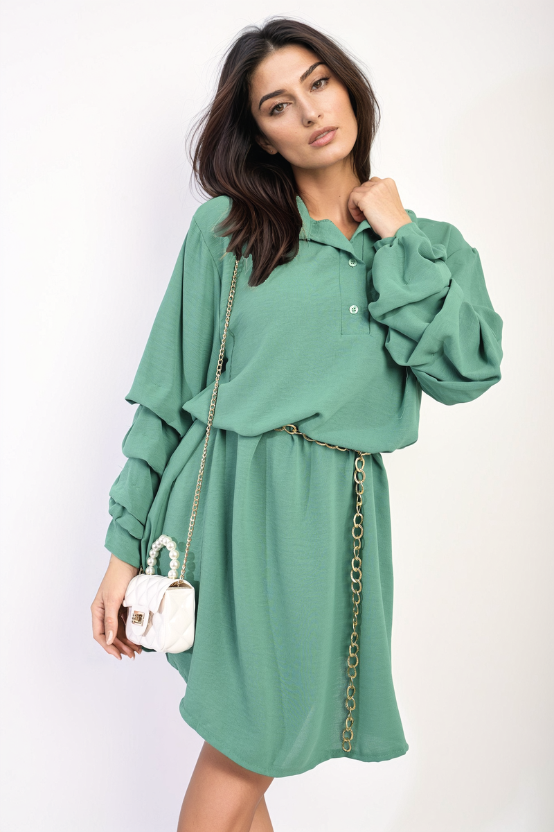 Shirt Dress in Green with Gathered Long Sleeves