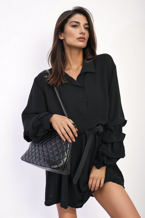Shirt Dress in Green with Gathered Long Sleeves
