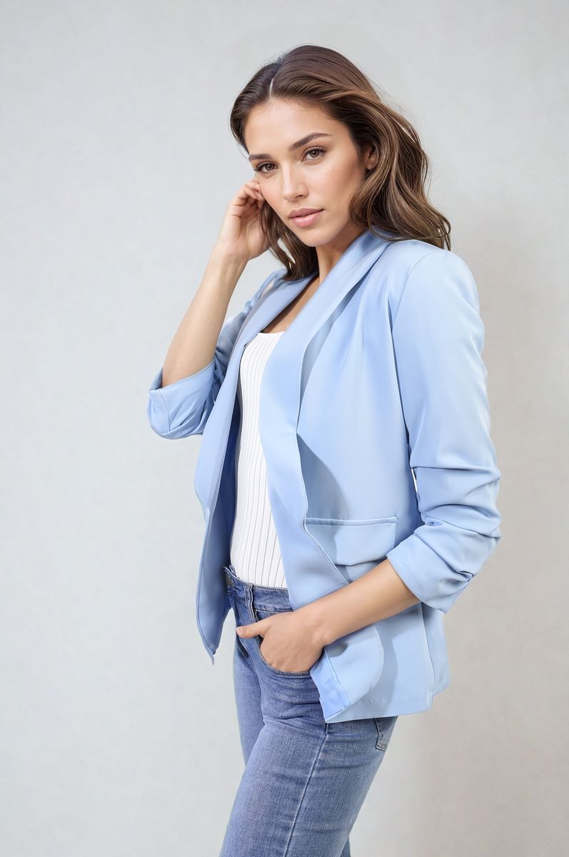 Sky blue open-front blazer jacket with ruched sleeves and front pockets