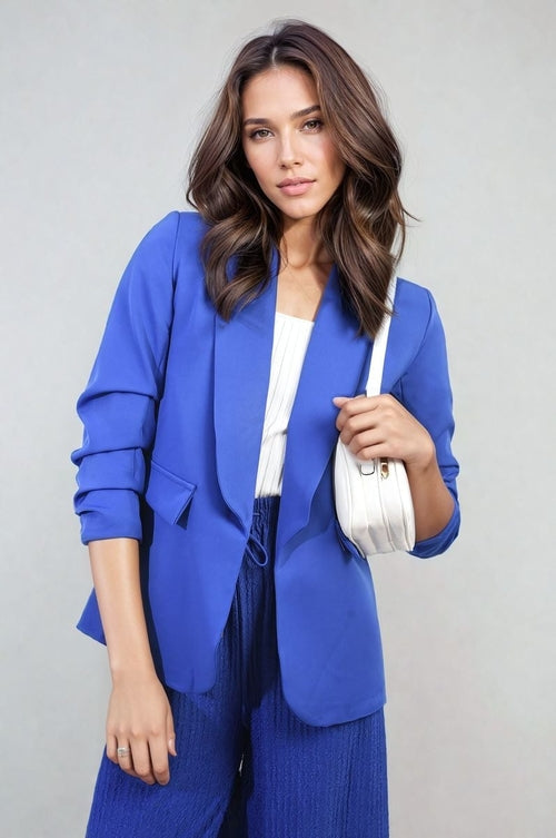 Blue ruched-sleeve open-front blazer jacket with front pockets