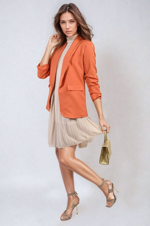 Orange ruched-sleeve open-front blazer jacket with front pockets