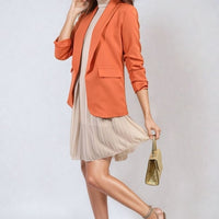 Orange ruched-sleeve open-front blazer jacket with front pockets