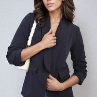 Black open front blazer jacket with ruched sleeves and front pockets