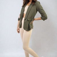 Dark olive open front blazer with ruched sleeves and front pockets