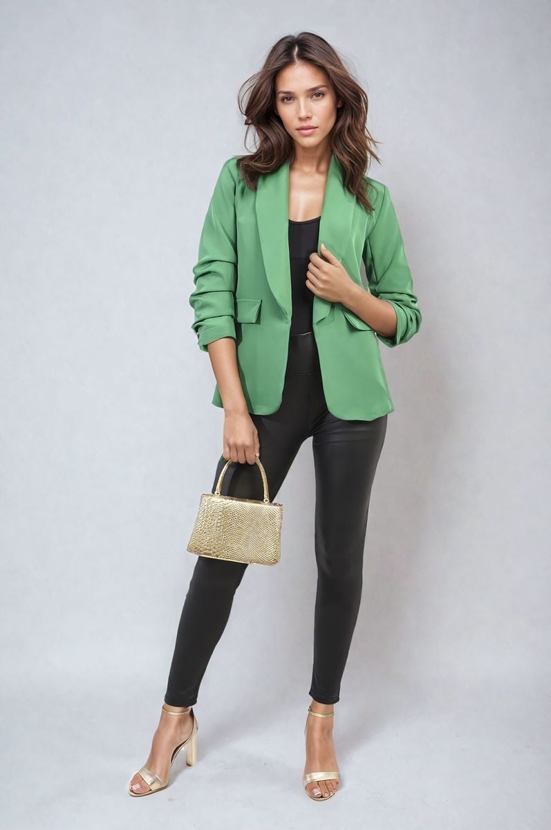 Jade green open front blazer with ruched sleeves and front pockets