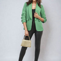 Jade green open front blazer with ruched sleeves and front pockets