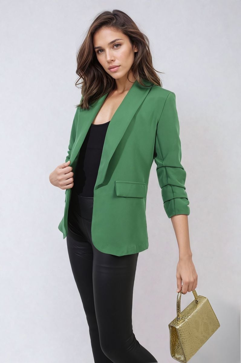 Green ruched-sleeve open front blazer with front pockets, tailored fit