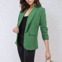 Green ruched-sleeve open front blazer with front pockets, tailored fit