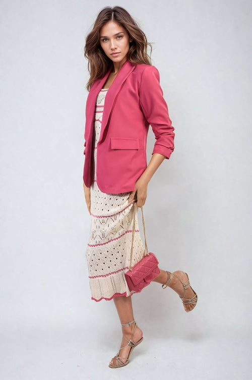 Open-front ruched-sleeve blazer jacket in pink with front pockets and structured lapels.