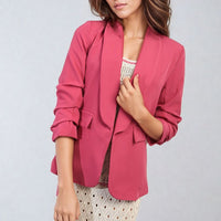 Pink ruched-sleeve open-front blazer with front pocket flaps and cuffs