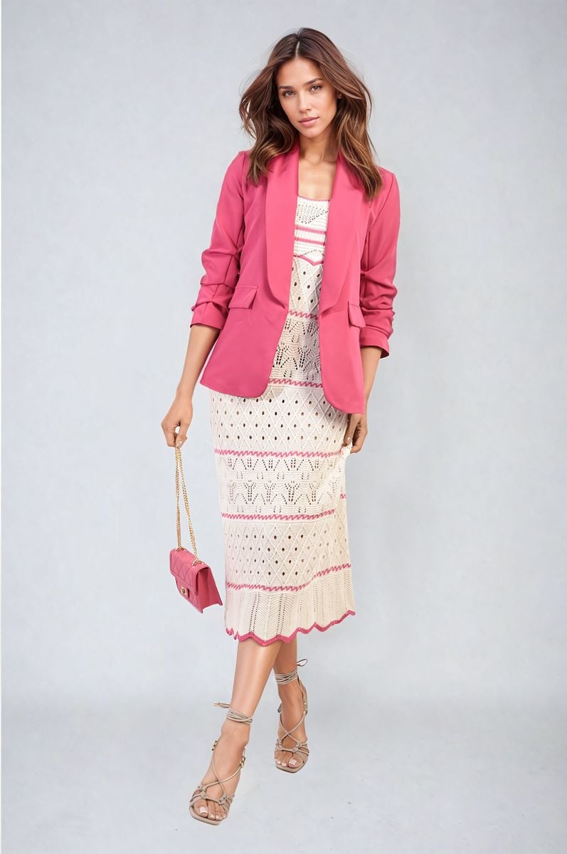 Pink ruched-sleeve blazer jacket with open front and front pockets, full outfit view