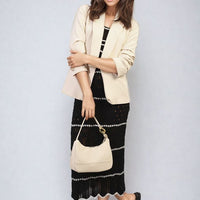 Light beige open front blazer with ruched sleeves and front pockets