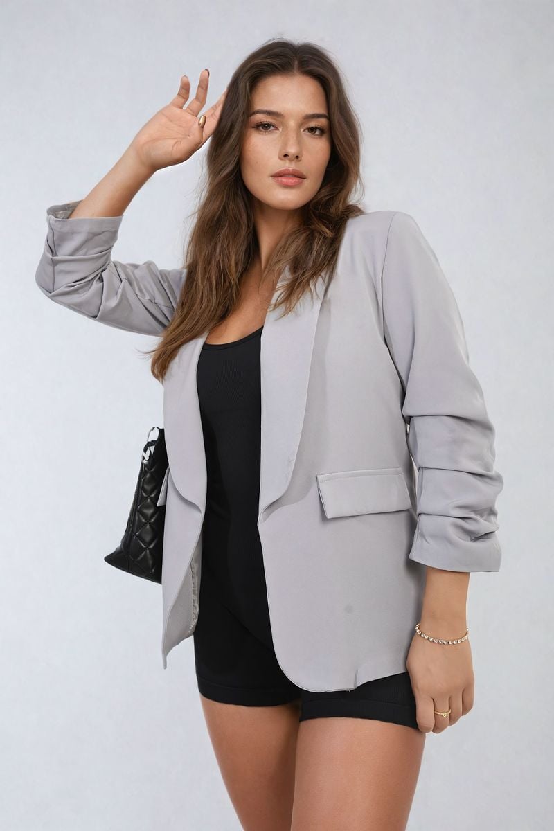 Grey ruched-sleeve open-front blazer with notch lapel and chest pocket