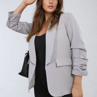 Grey ruched-sleeve open-front blazer with notch lapel and chest pocket
