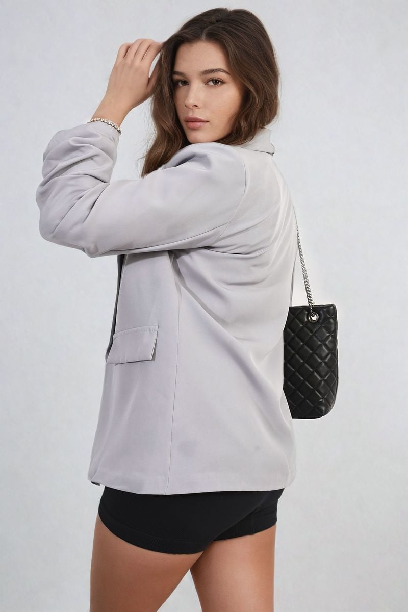 Light grey ruched-sleeve open-front blazer jacket with front pockets