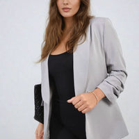 Light grey ruched-sleeve open-front blazer with front pocket