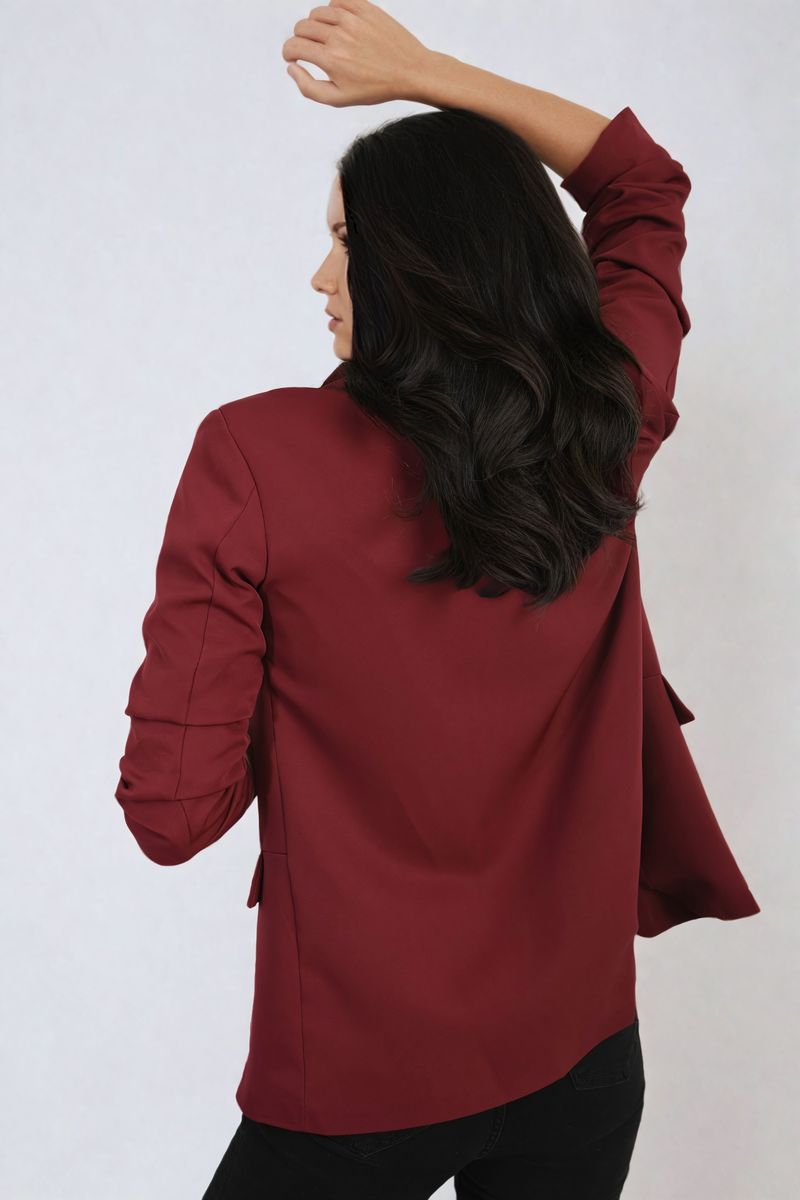 Wine red open front blazer jacket with ruched sleeves and back drape