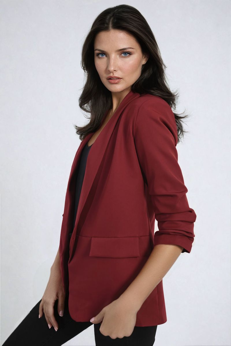 Wine red open front blazer jacket with ruched sleeves and front pockets