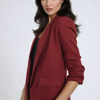 Wine red open front blazer jacket with ruched sleeves and front pockets
