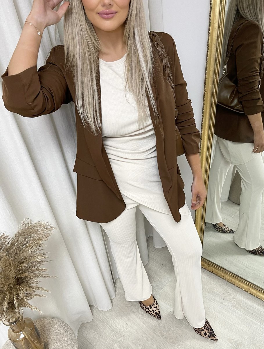 Brown open front blazer jacket with ruched sleeves and side pockets, draped front