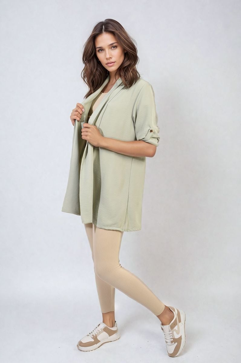 Light yellow open-front cardigan with rolled short sleeves and side slits