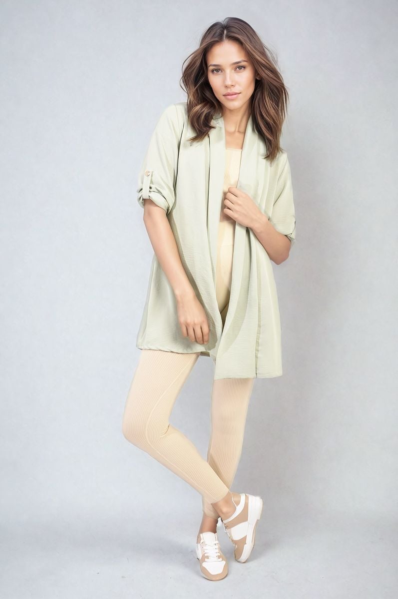 Light green open-front cardigan with roll-up sleeves and relaxed draped fit